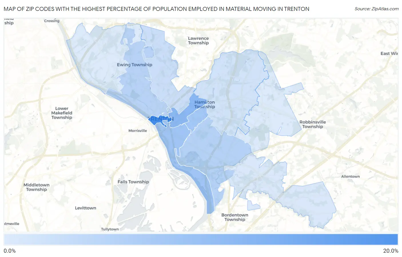 Zip Codes with the Highest Percentage of Population Employed in Material Moving in Trenton Map