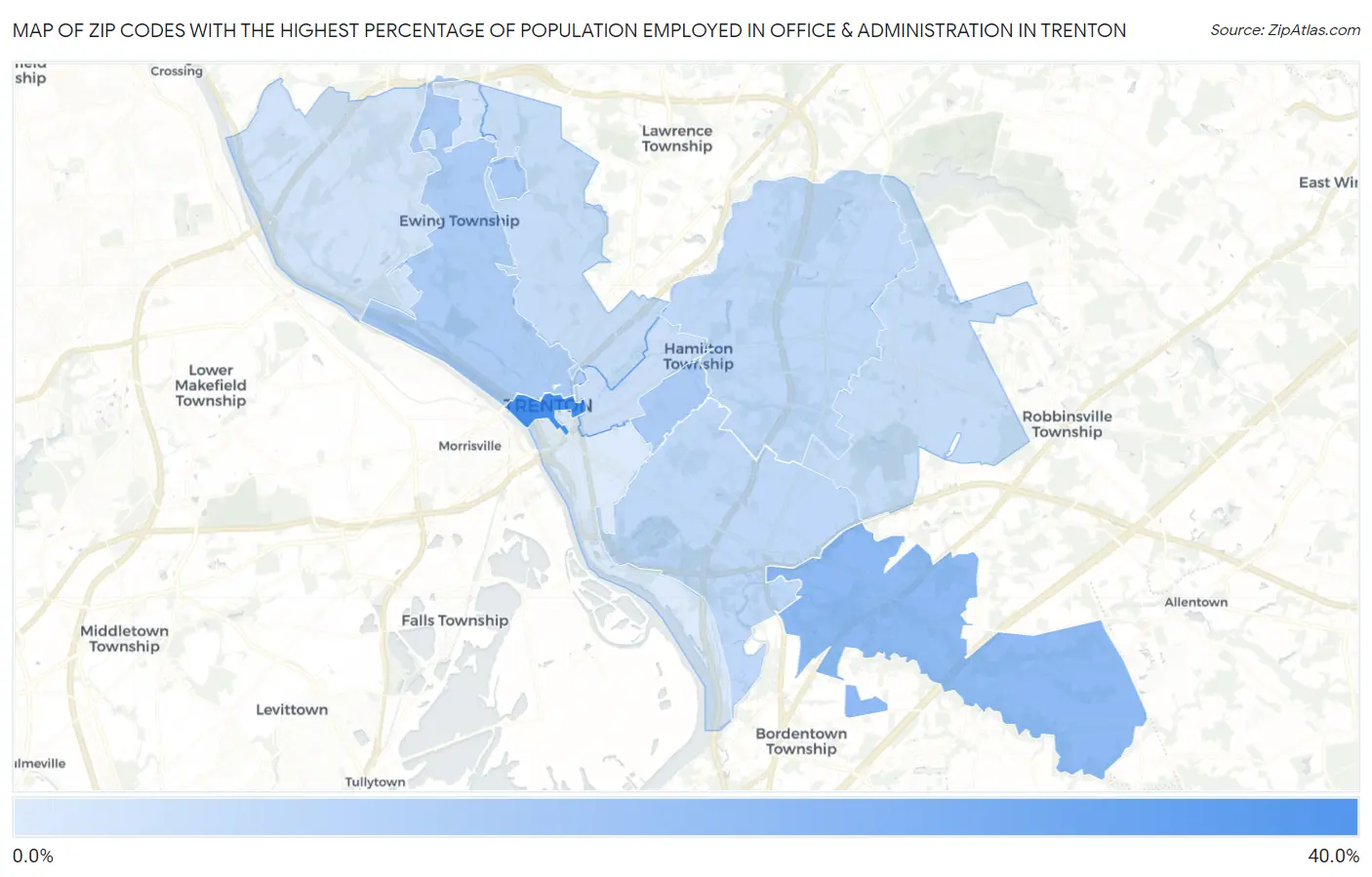 Zip Codes with the Highest Percentage of Population Employed in Office & Administration in Trenton Map