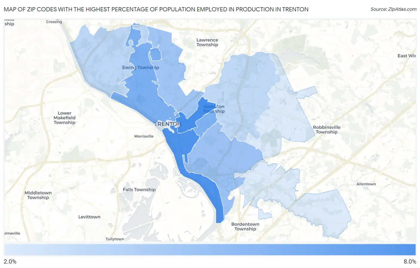 Zip Codes with the Highest Percentage of Population Employed in Production in Trenton Map