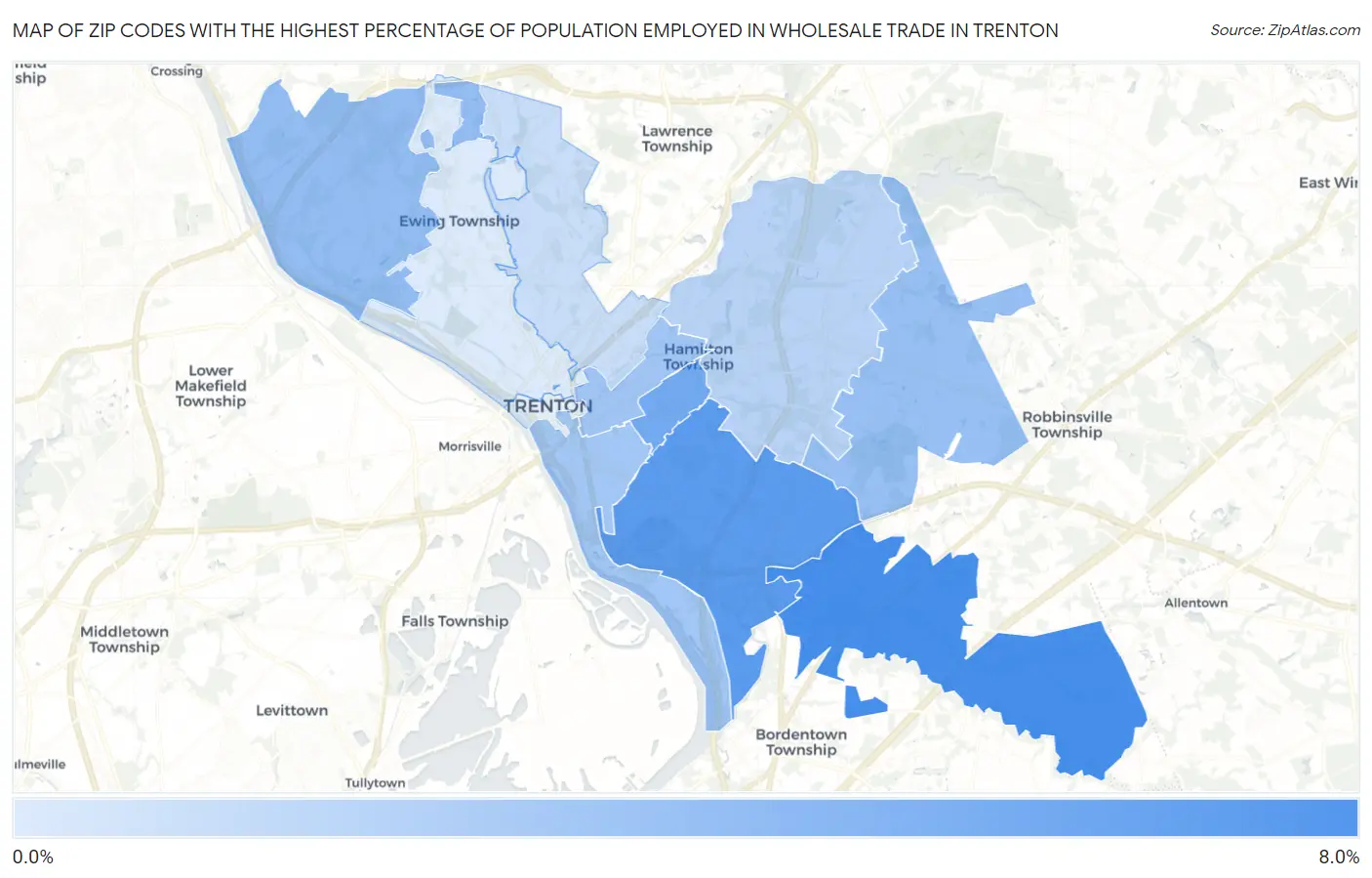 Zip Codes with the Highest Percentage of Population Employed in Wholesale Trade in Trenton Map