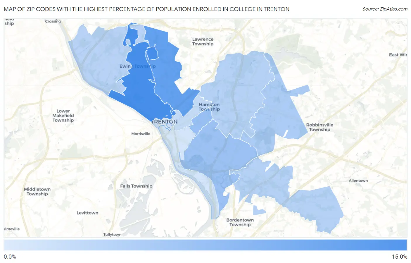 Zip Codes with the Highest Percentage of Population Enrolled in College in Trenton Map