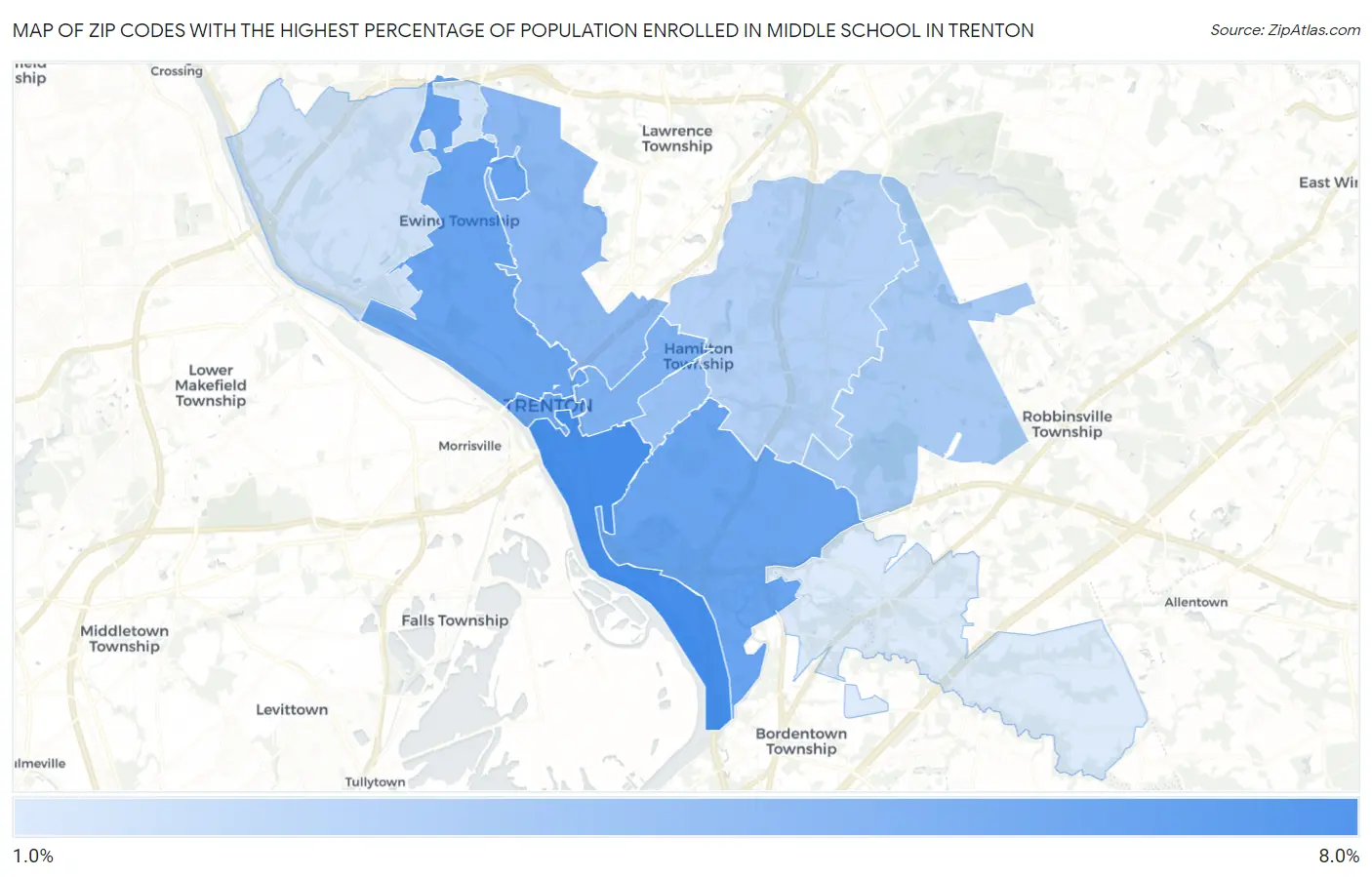 Zip Codes with the Highest Percentage of Population Enrolled in Middle School in Trenton Map