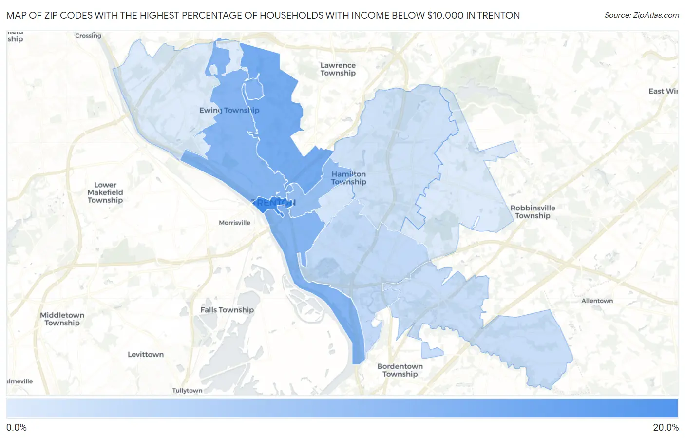 Zip Codes with the Highest Percentage of Households with Income Below $10,000 in Trenton Map