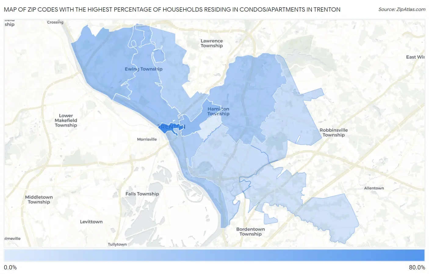Zip Codes with the Highest Percentage of Households Residing in Condos/Apartments in Trenton Map
