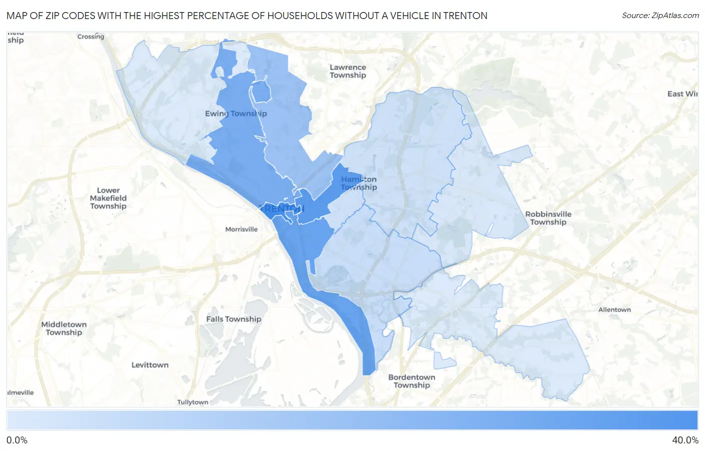 Zip Codes with the Highest Percentage of Households Without a Vehicle in Trenton Map