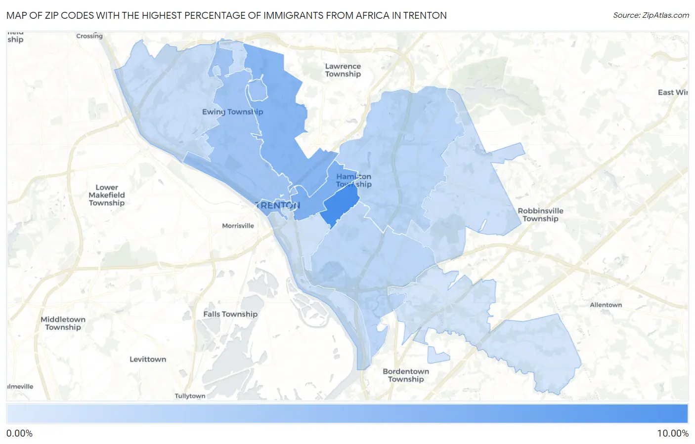 Zip Codes with the Highest Percentage of Immigrants from Africa in Trenton Map