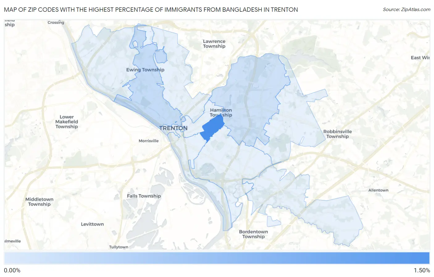 Zip Codes with the Highest Percentage of Immigrants from Bangladesh in Trenton Map