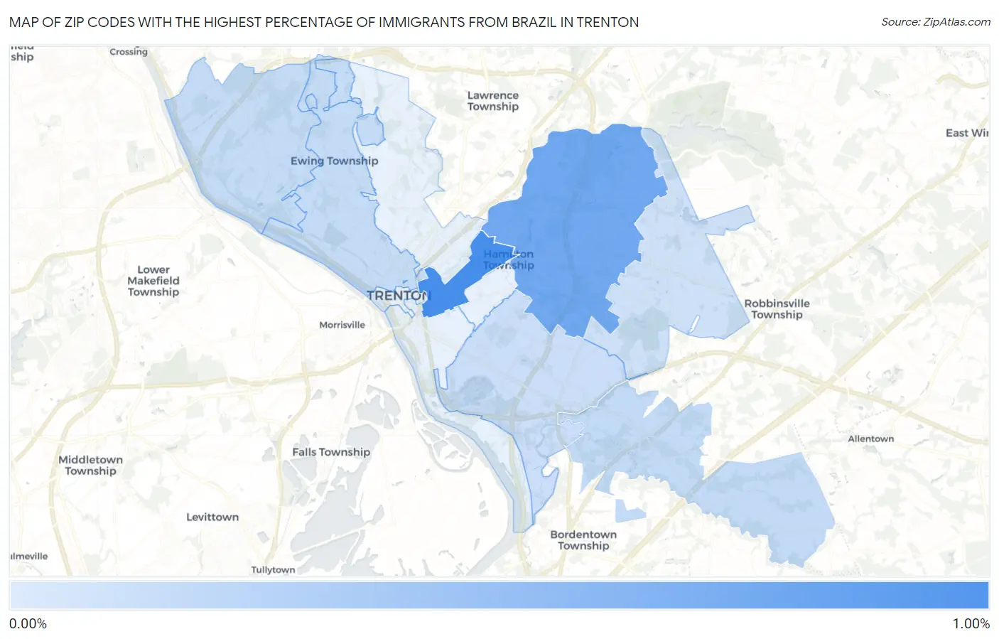 Zip Codes with the Highest Percentage of Immigrants from Brazil in Trenton Map
