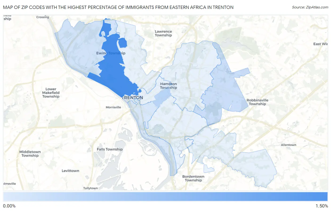 Zip Codes with the Highest Percentage of Immigrants from Eastern Africa in Trenton Map