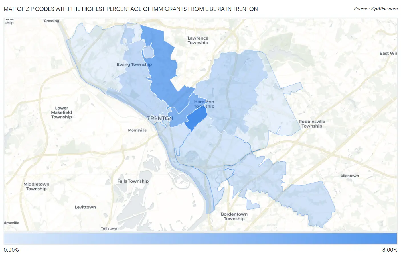 Zip Codes with the Highest Percentage of Immigrants from Liberia in Trenton Map