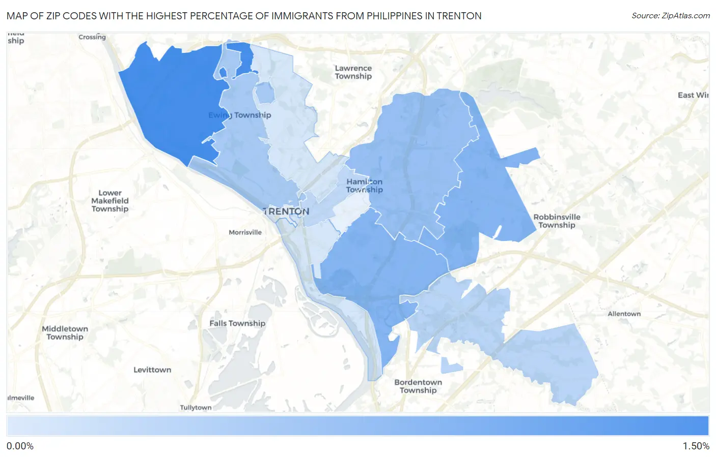 Zip Codes with the Highest Percentage of Immigrants from Philippines in Trenton Map