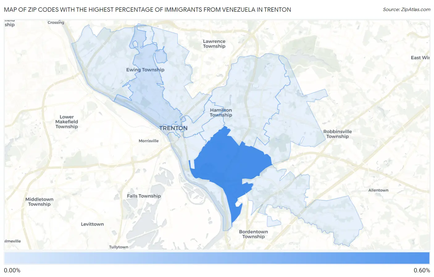Zip Codes with the Highest Percentage of Immigrants from Venezuela in Trenton Map