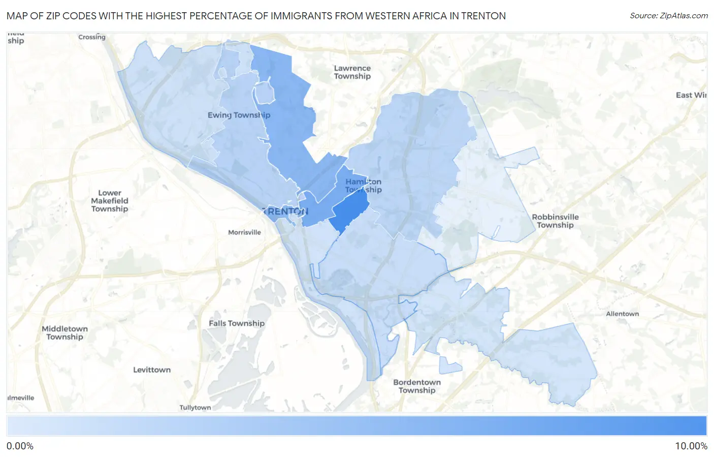 Zip Codes with the Highest Percentage of Immigrants from Western Africa in Trenton Map