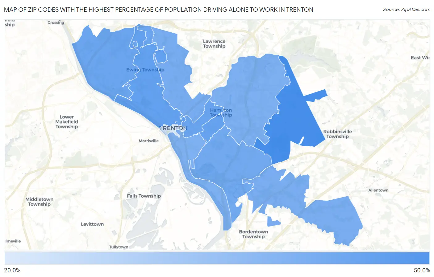 Zip Codes with the Highest Percentage of Population Driving Alone to Work in Trenton Map