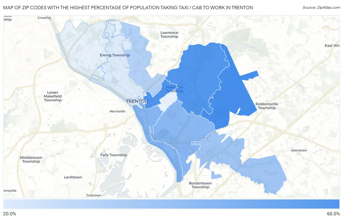 Zip Codes with the Highest Percentage of Population Taking Taxi / Cab to Work in Trenton Map