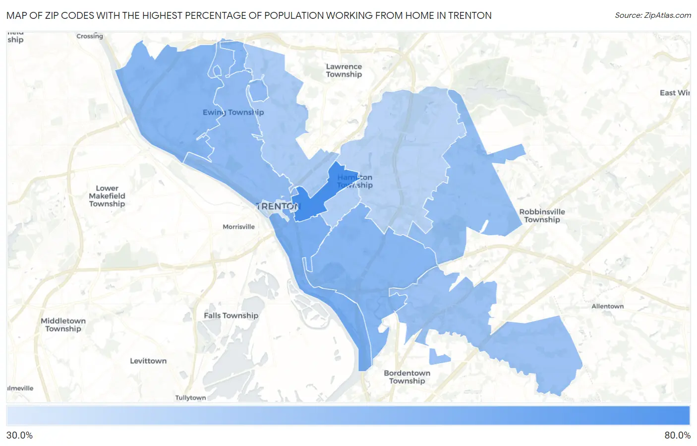 Zip Codes with the Highest Percentage of Population Working from Home in Trenton Map