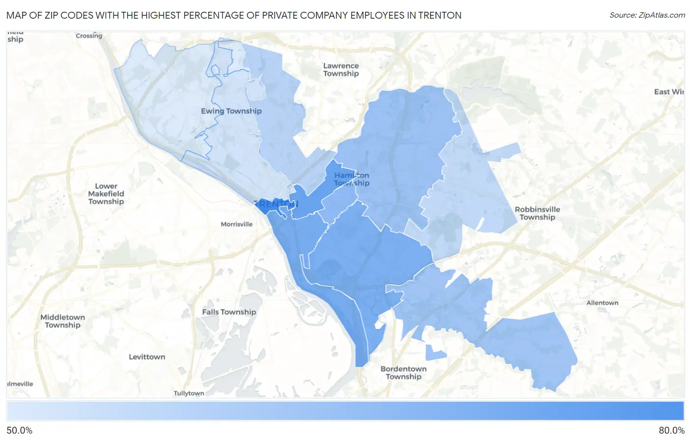 Zip Codes with the Highest Percentage of Private Company Employees in Trenton Map