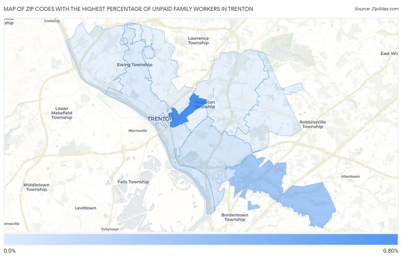 Zip Codes with the Highest Percentage of Unpaid Family Workers in Trenton Map