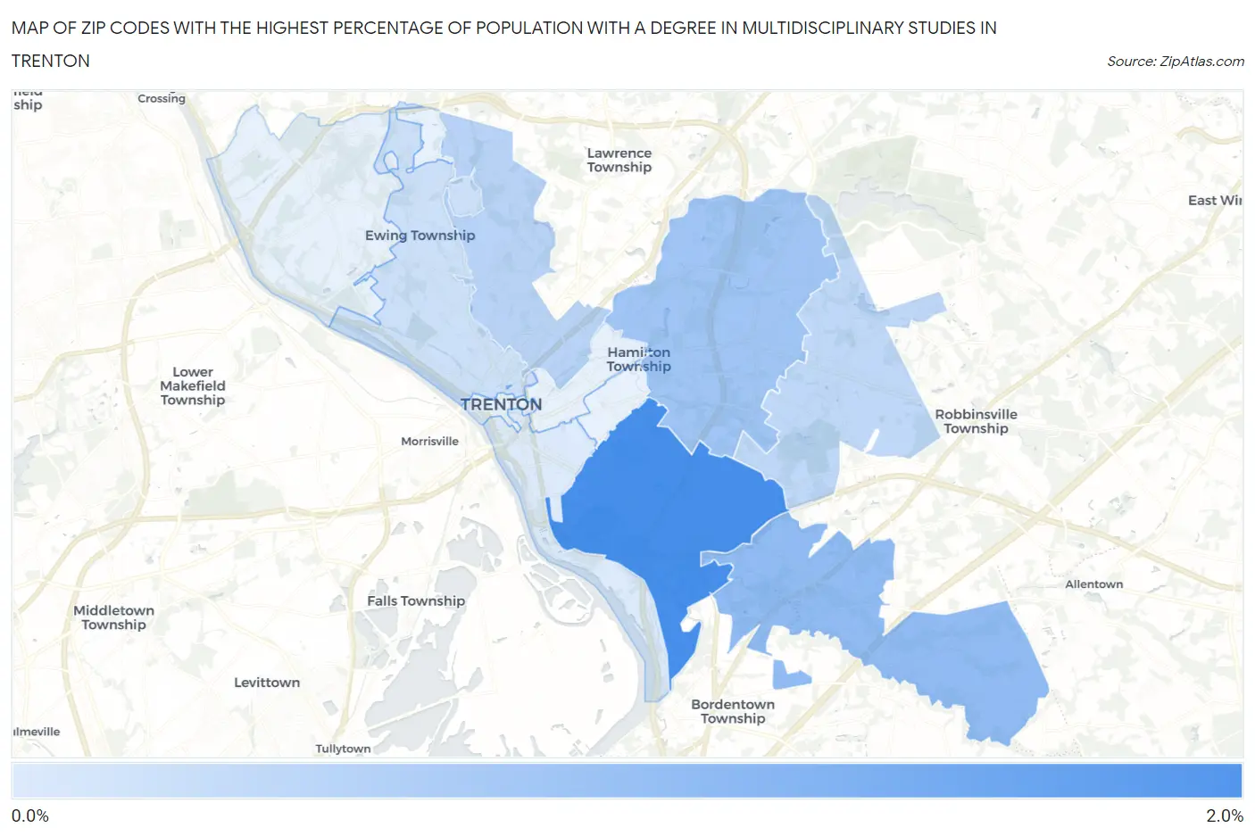 Zip Codes with the Highest Percentage of Population with a Degree in Multidisciplinary Studies in Trenton Map