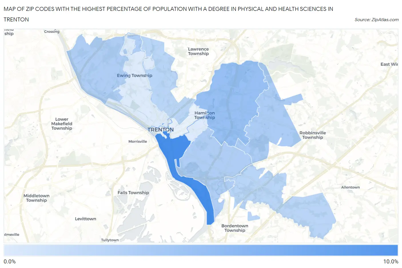 Zip Codes with the Highest Percentage of Population with a Degree in Physical and Health Sciences in Trenton Map