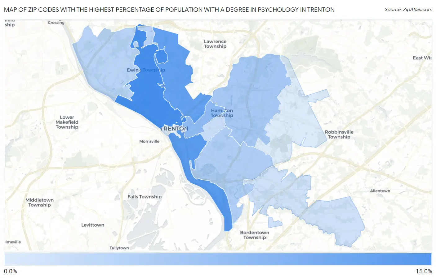 Zip Codes with the Highest Percentage of Population with a Degree in Psychology in Trenton Map