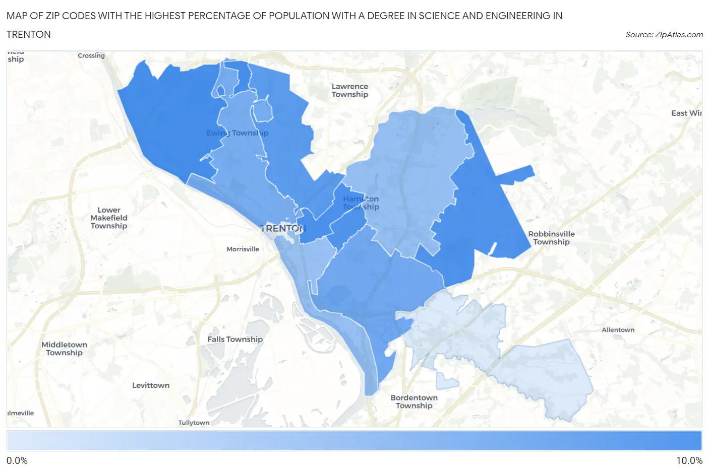 Zip Codes with the Highest Percentage of Population with a Degree in Science and Engineering in Trenton Map