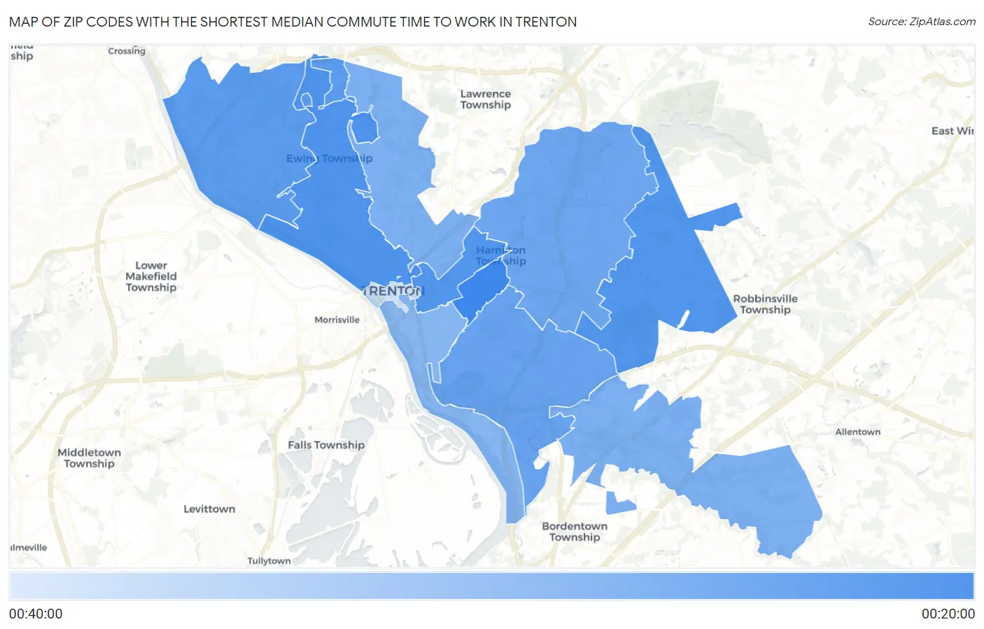 Zip Codes with the Shortest Median Commute Time to Work in Trenton Map