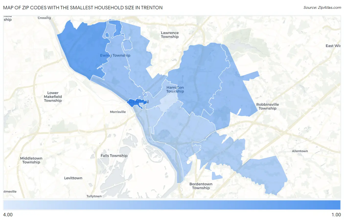 Zip Codes with the Smallest Household Size in Trenton Map