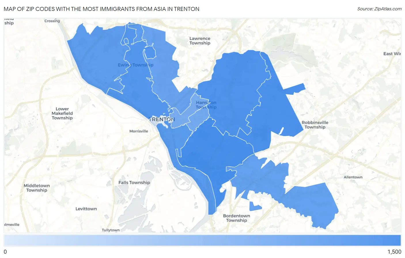 Zip Codes with the Most Immigrants from Asia in Trenton Map