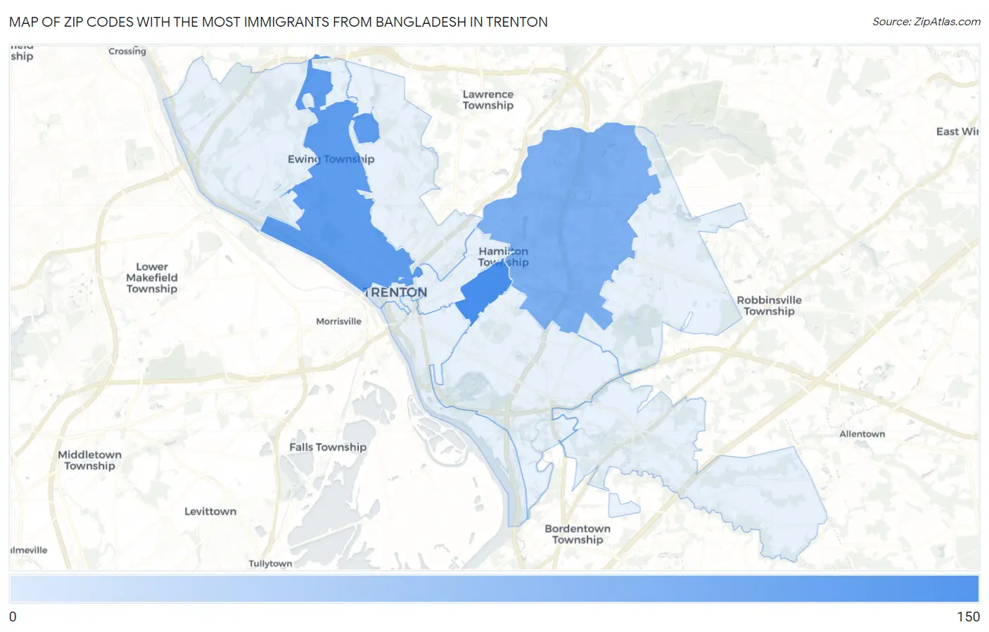 Zip Codes with the Most Immigrants from Bangladesh in Trenton Map