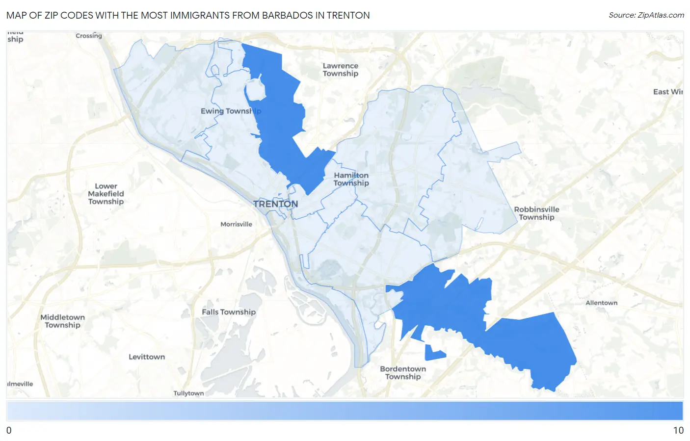 Zip Codes with the Most Immigrants from Barbados in Trenton Map
