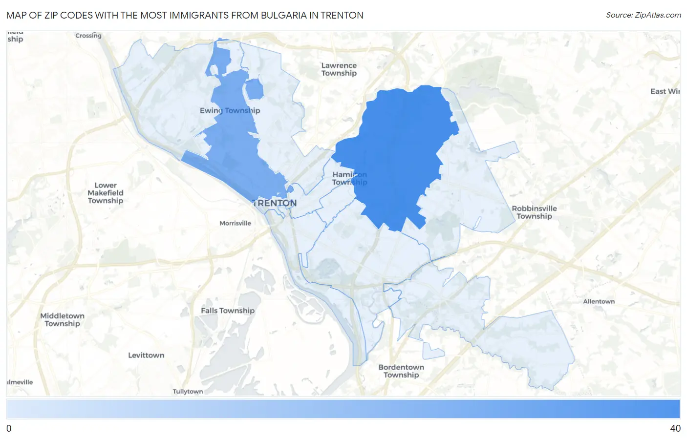 Zip Codes with the Most Immigrants from Bulgaria in Trenton Map