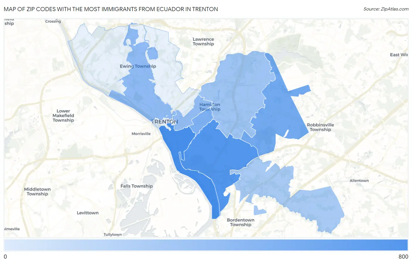 Zip Codes with the Most Immigrants from Ecuador in Trenton Map