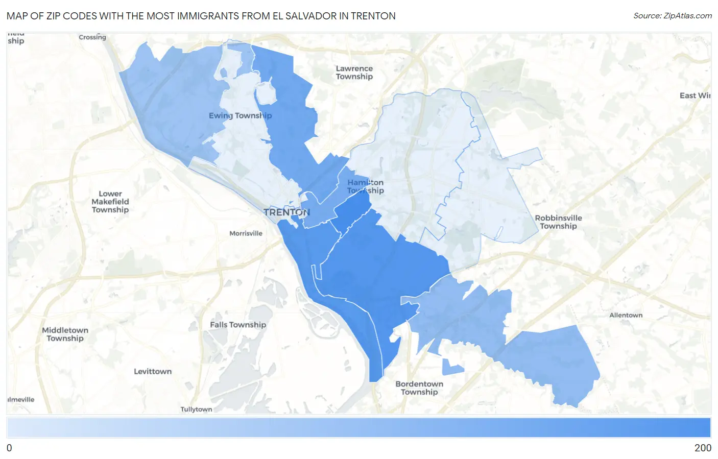 Zip Codes with the Most Immigrants from El Salvador in Trenton Map