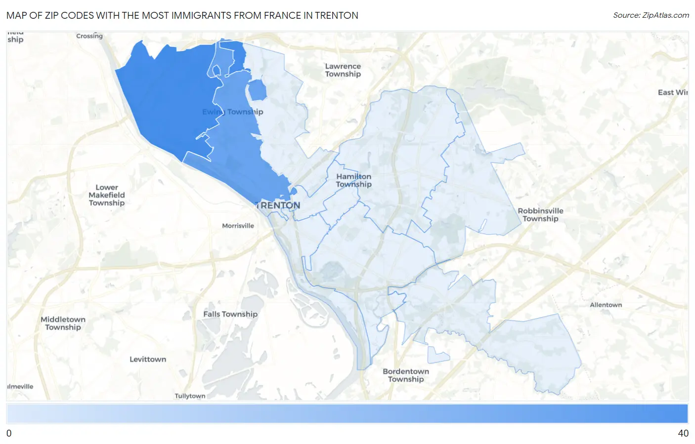 Zip Codes with the Most Immigrants from France in Trenton Map