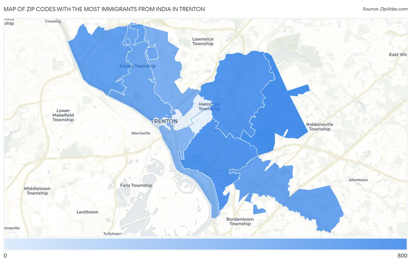 Zip Codes with the Most Immigrants from India in Trenton Map