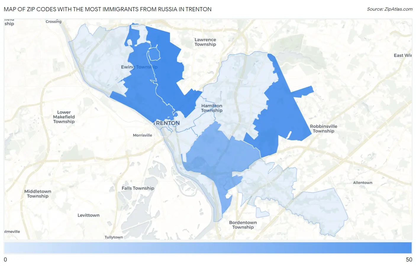 Zip Codes with the Most Immigrants from Russia in Trenton Map