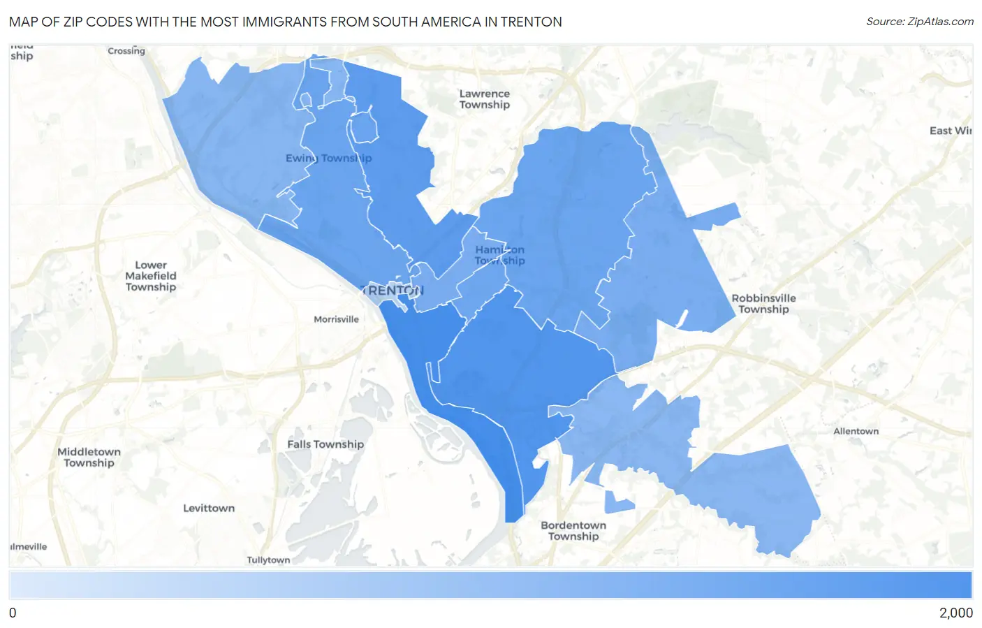 Zip Codes with the Most Immigrants from South America in Trenton Map