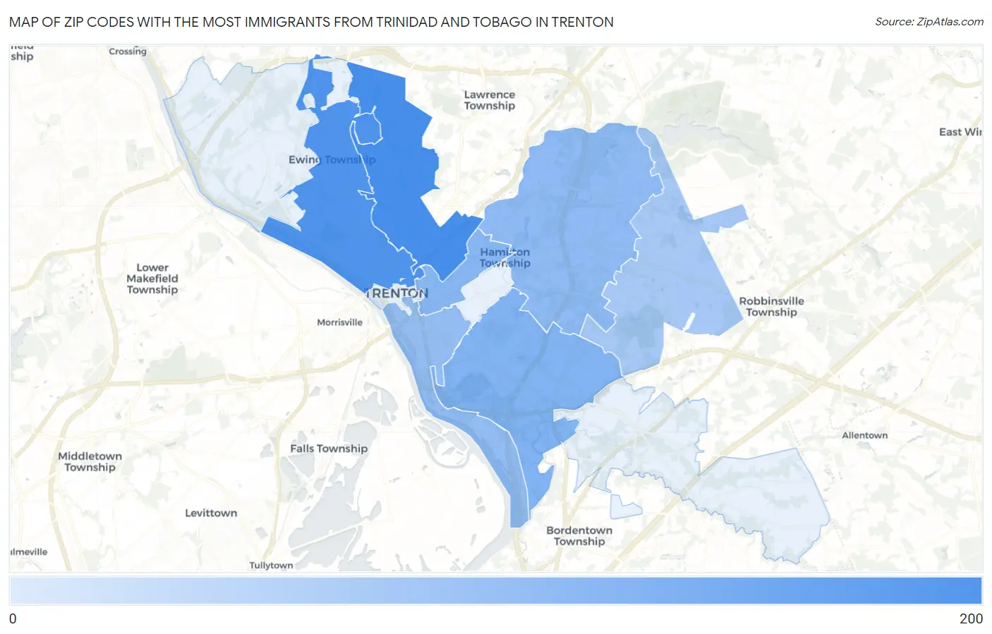 Zip Codes with the Most Immigrants from Trinidad and Tobago in Trenton Map