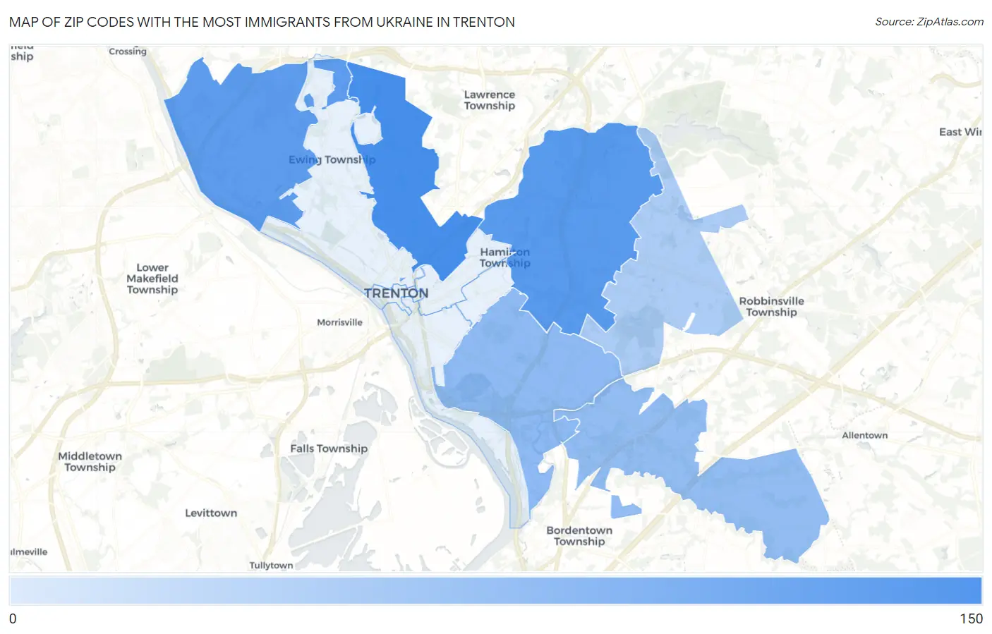 Zip Codes with the Most Immigrants from Ukraine in Trenton Map