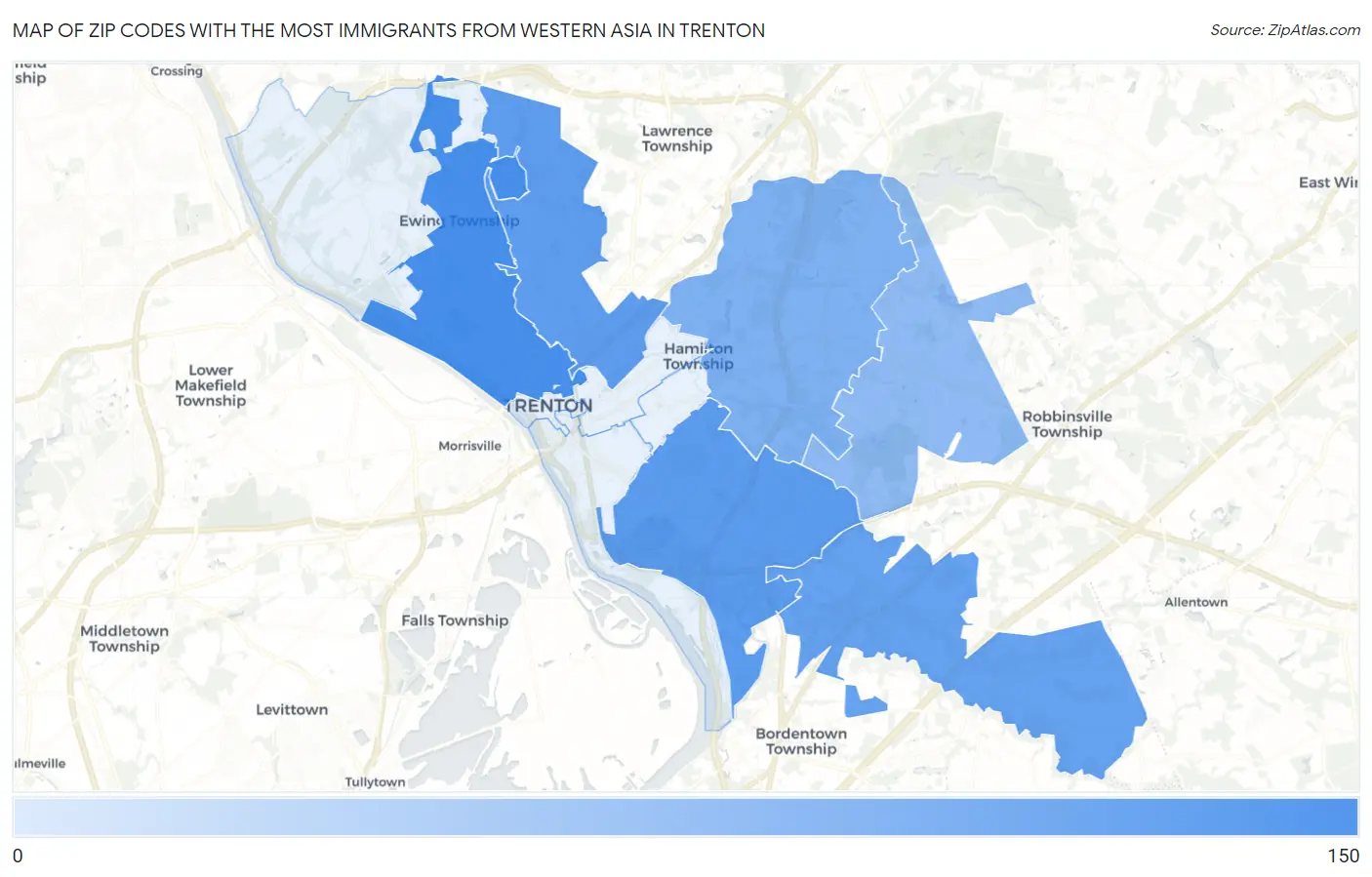 Zip Codes with the Most Immigrants from Western Asia in Trenton Map