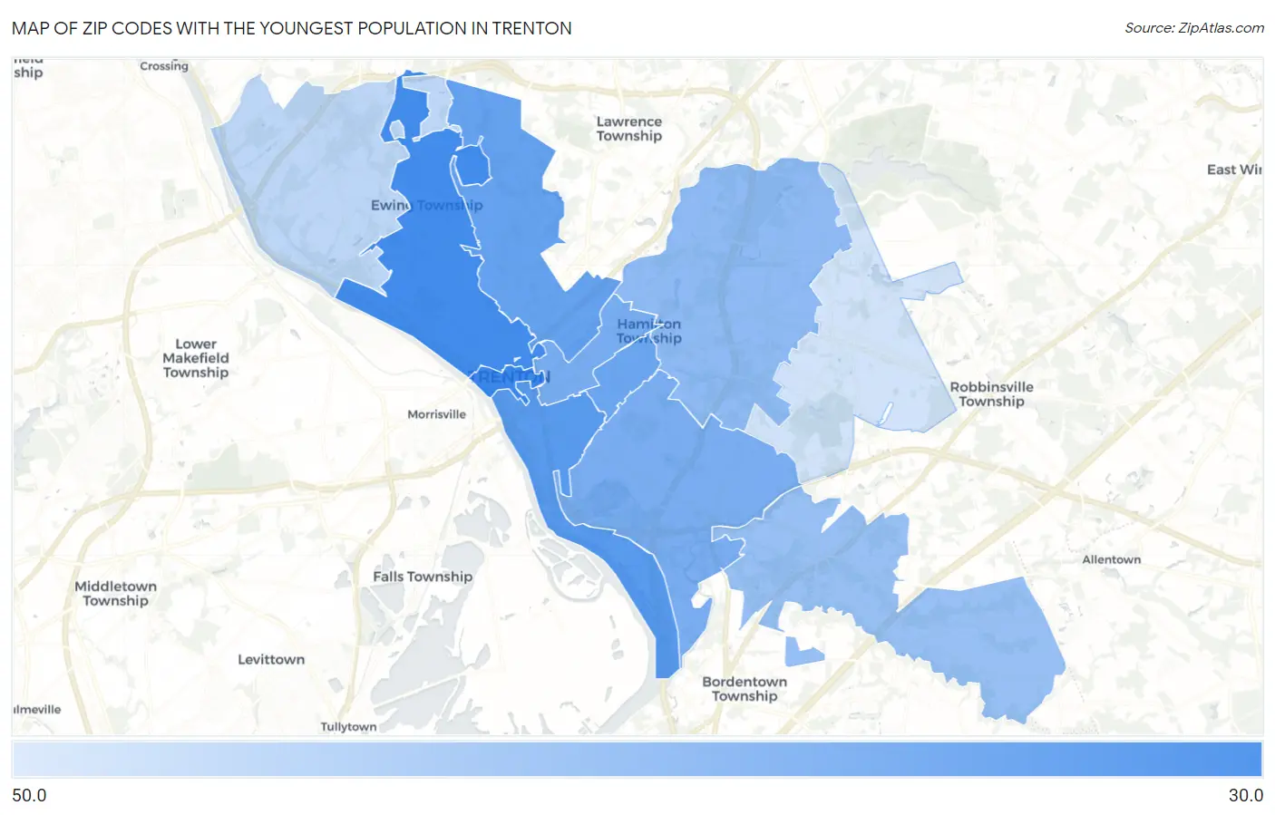 Zip Codes with the Youngest Population in Trenton Map