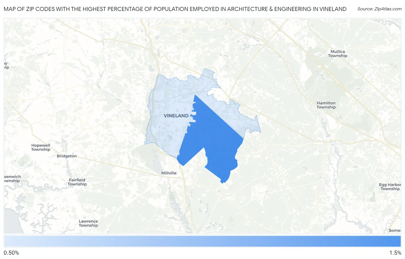 Zip Codes with the Highest Percentage of Population Employed in Architecture & Engineering in Vineland Map