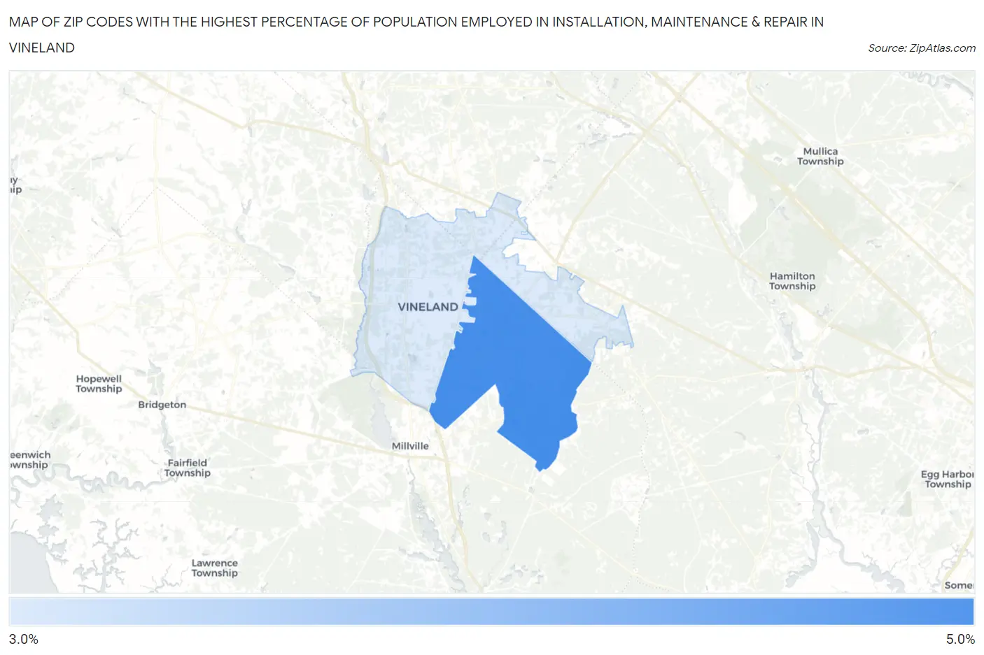 Zip Codes with the Highest Percentage of Population Employed in Installation, Maintenance & Repair in Vineland Map
