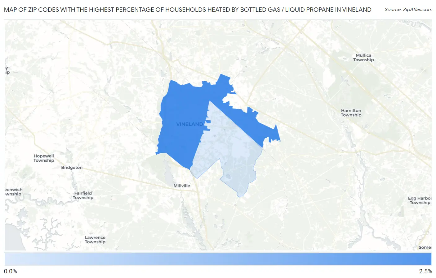 Zip Codes with the Highest Percentage of Households Heated by Bottled Gas / Liquid Propane in Vineland Map