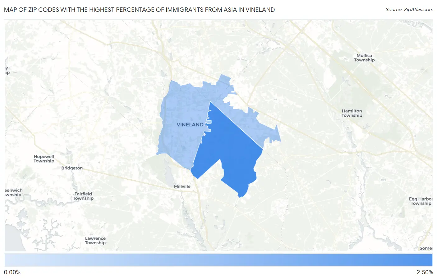Zip Codes with the Highest Percentage of Immigrants from Asia in Vineland Map