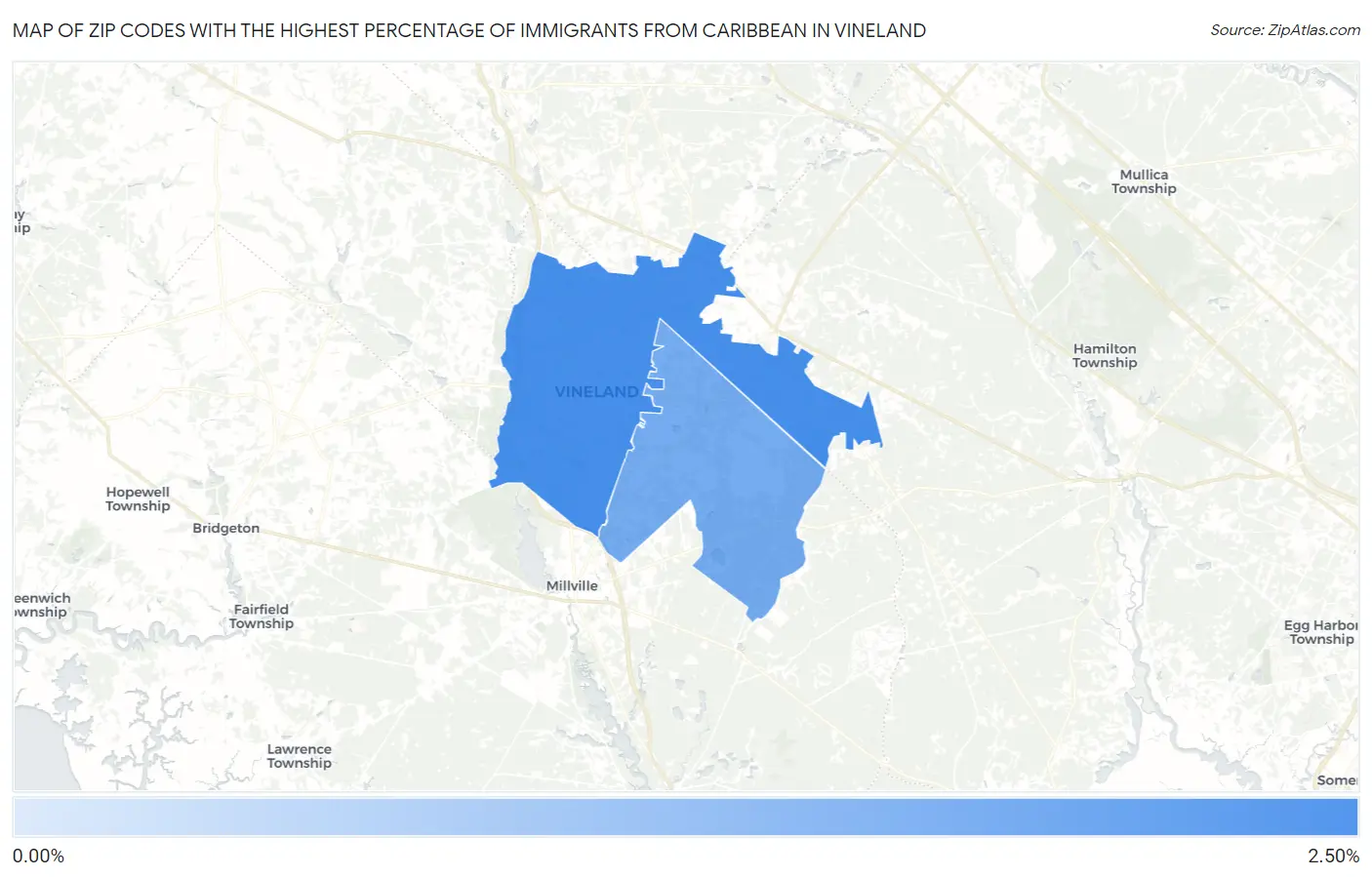 Zip Codes with the Highest Percentage of Immigrants from Caribbean in Vineland Map