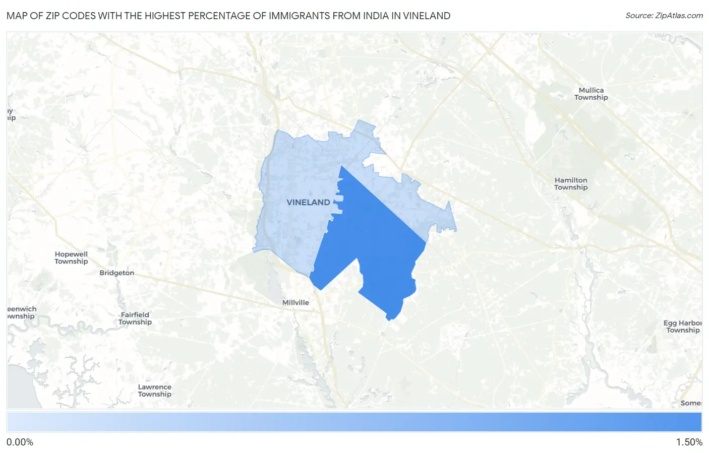 Zip Codes with the Highest Percentage of Immigrants from India in Vineland Map