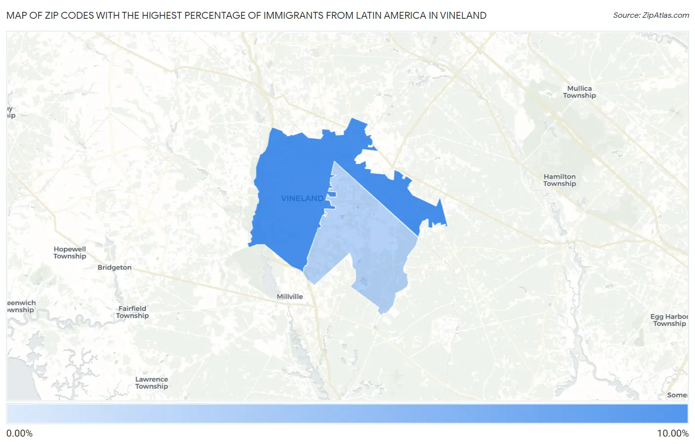 Zip Codes with the Highest Percentage of Immigrants from Latin America in Vineland Map