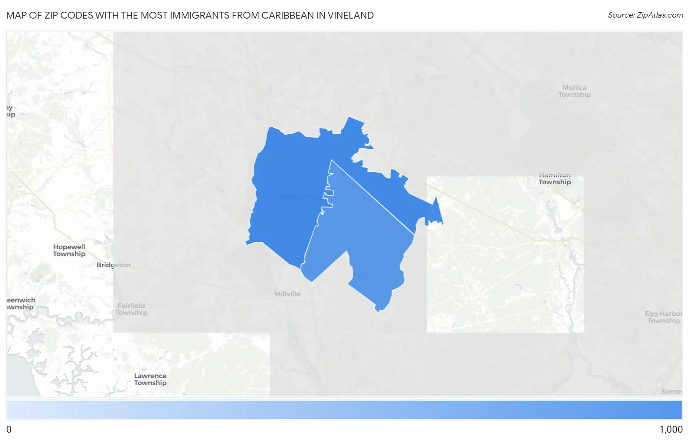 Zip Codes with the Most Immigrants from Caribbean in Vineland Map